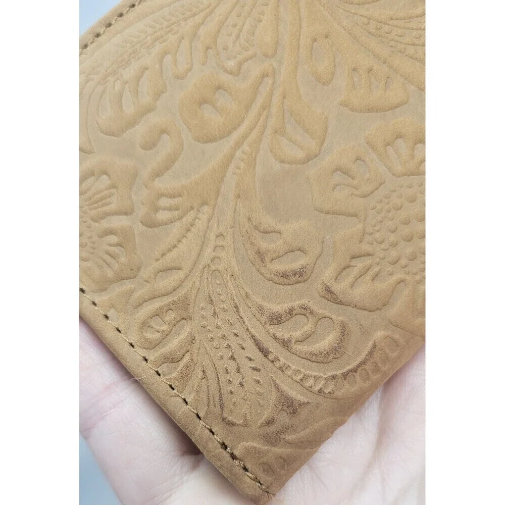 Tooled Embossed Soft Leather Wallet Credit Card BiFold Checkbook Tan RFID Floral